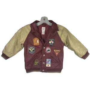 Vintage BABY GAP Red Leather Jacket w/ Sports Patches Varsity 4XL 4T Very Rare